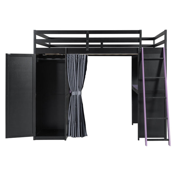 English Elm Full Size Loft Bed with Wardrobe Desk Shelves Rgb Lighting and Blackout Curtains LT000269AAI