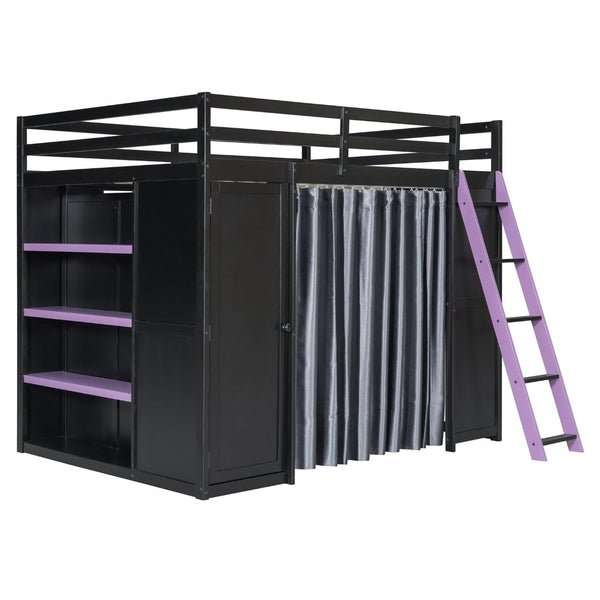 English Elm Full Size Loft Bed with Wardrobe Desk Shelves Rgb Lighting and Blackout Curtains LT000269AAI