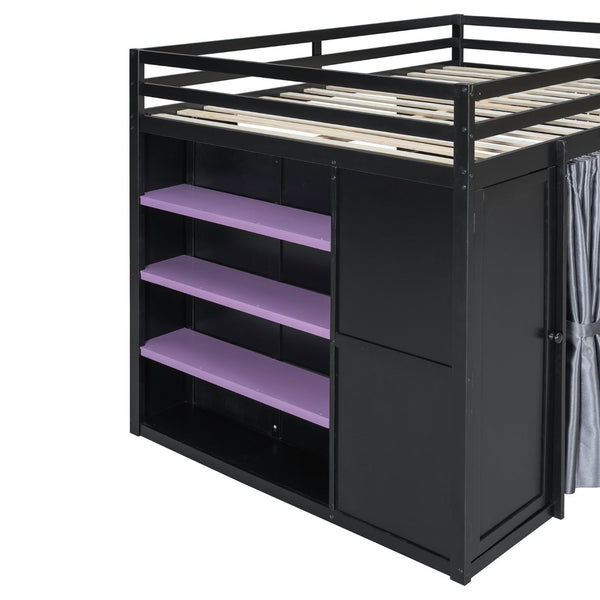 English Elm Full Size Loft Bed with Wardrobe Desk Shelves Rgb Lighting and Blackout Curtains LT000269AAI
