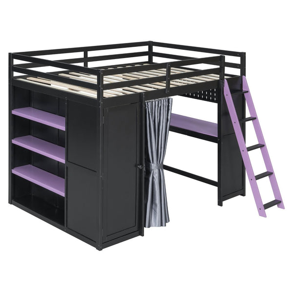English Elm Full Size Loft Bed with Wardrobe Desk Shelves Rgb Lighting and Blackout Curtains LT000269AAI