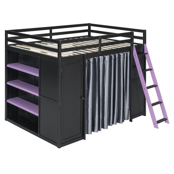 English Elm Full Size Loft Bed with Wardrobe Desk Shelves Rgb Lighting and Blackout Curtains LT000269AAI