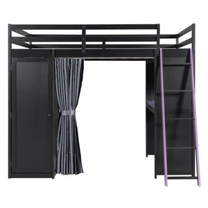 English Elm Full Size Loft Bed with Wardrobe Desk Shelves Rgb Lighting and Blackout Curtains LT000269AAI