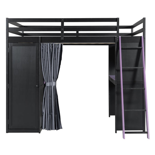 English Elm Full Size Loft Bed with Wardrobe Desk Shelves Rgb Lighting and Blackout Curtains LT000269AAI