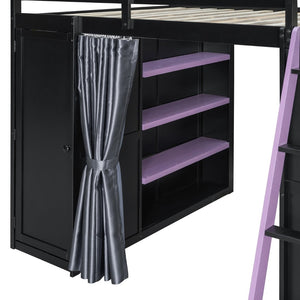 English Elm Full Size Loft Bed with Wardrobe Desk Shelves Rgb Lighting and Blackout Curtains LT000269AAI