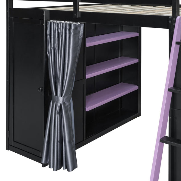 English Elm Full Size Loft Bed with Wardrobe Desk Shelves Rgb Lighting and Blackout Curtains LT000269AAI
