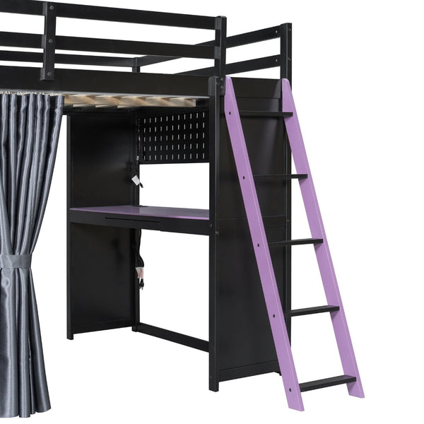 English Elm Full Size Loft Bed with Wardrobe Desk Shelves Rgb Lighting and Blackout Curtains LT000269AAI