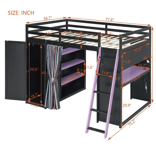 English Elm Full Size Loft Bed with Wardrobe Desk Shelves Rgb Lighting and Blackout Curtains LT000269AAI