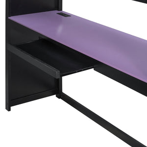English Elm Full Size Loft Bed with Wardrobe Desk Shelves Rgb Lighting and Blackout Curtains LT000269AAI