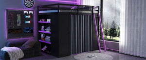 English Elm Full Size Loft Bed with Wardrobe Desk Shelves Rgb Lighting and Blackout Curtains LT000269AAI