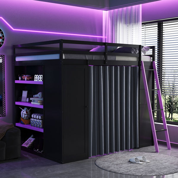 English Elm Full Size Loft Bed with Wardrobe Desk Shelves Rgb Lighting and Blackout Curtains LT000269AAI