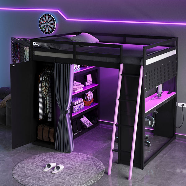 English Elm Full Size Loft Bed with Wardrobe Desk Shelves Rgb Lighting and Blackout Curtains LT000269AAI