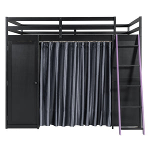 English Elm Full Size Loft Bed with Wardrobe Desk Shelves Rgb Lighting and Blackout Curtains LT000269AAI