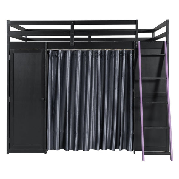English Elm Full Size Loft Bed with Wardrobe Desk Shelves Rgb Lighting and Blackout Curtains LT000269AAI