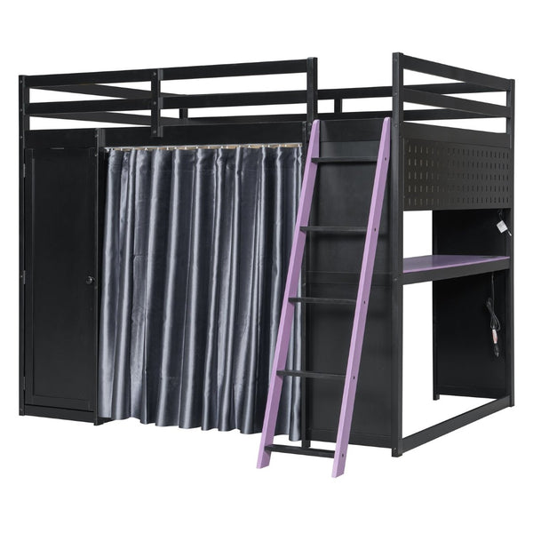 English Elm Full Size Loft Bed with Wardrobe Desk Shelves Rgb Lighting and Blackout Curtains LT000269AAI