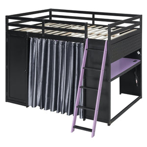 English Elm Full Size Loft Bed with Wardrobe Desk Shelves Rgb Lighting and Blackout Curtains LT000269AAI