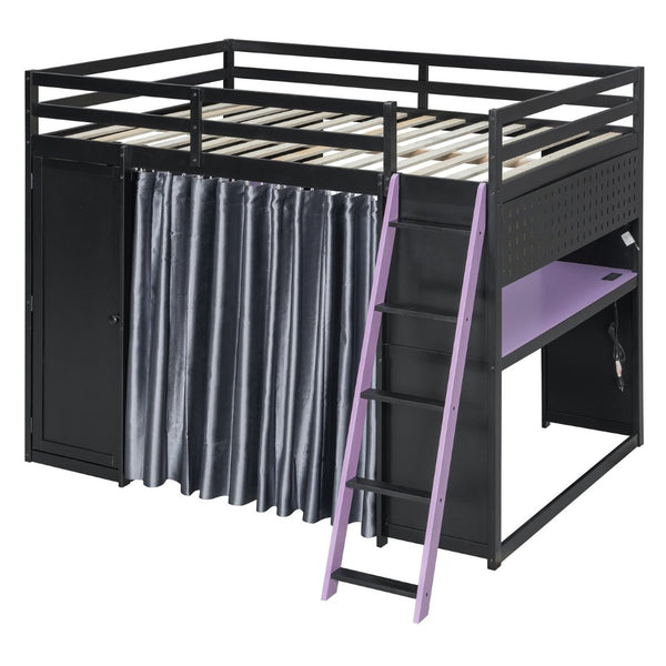 English Elm Full Size Loft Bed with Wardrobe Desk Shelves Rgb Lighting and Blackout Curtains LT000269AAI