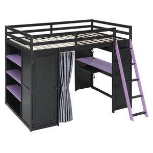 English Elm Full Size Loft Bed with Wardrobe Desk Shelves Rgb Lighting and Blackout Curtains LT000269AAI
