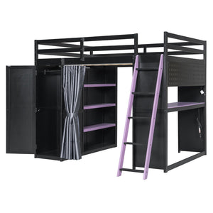 English Elm Full Size Loft Bed with Wardrobe Desk Shelves Rgb Lighting and Blackout Curtains LT000269AAI