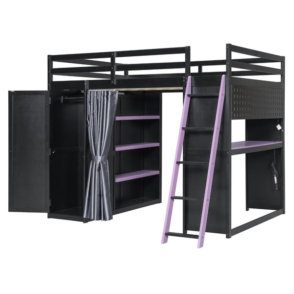 English Elm Full Size Loft Bed with Wardrobe Desk Shelves Rgb Lighting and Blackout Curtains LT000269AAI