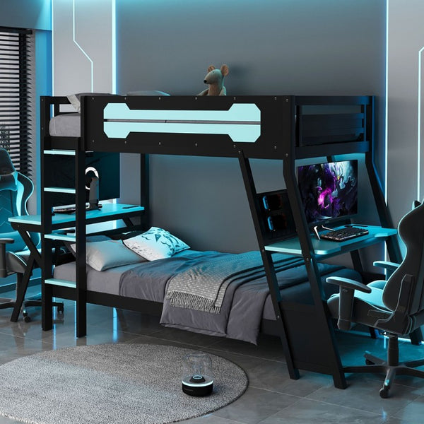 English Elm Twin Gaming Bunk Bed with Dual Desks USB Charging Ports and Pegboard Storage Blue LT000273AAC