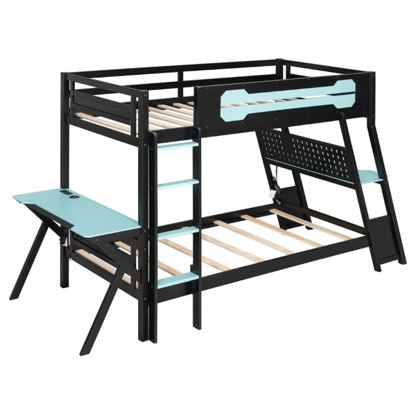 English Elm Twin Gaming Bunk Bed with Dual Desks USB Charging Ports and Pegboard Storage Blue LT000273AAC