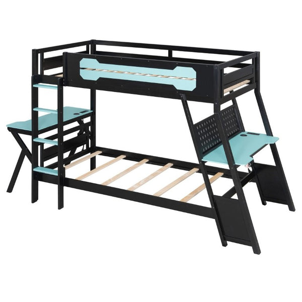 English Elm Twin Gaming Bunk Bed with Dual Desks USB Charging Ports and Pegboard Storage Blue LT000273AAC