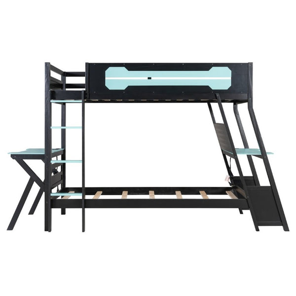 English Elm Twin Gaming Bunk Bed with Dual Desks USB Charging Ports and Pegboard Storage Blue LT000273AAC