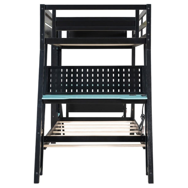 English Elm Twin Gaming Bunk Bed with Dual Desks USB Charging Ports and Pegboard Storage Blue LT000273AAC