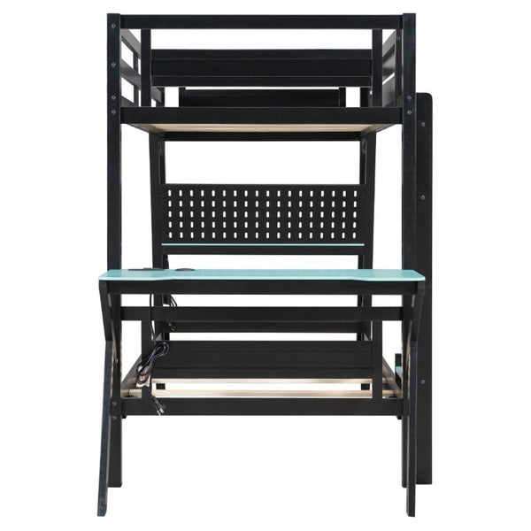 English Elm Twin Gaming Bunk Bed with Dual Desks USB Charging Ports and Pegboard Storage Blue LT000273AAC