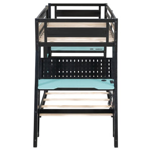 English Elm Twin Gaming Bunk Bed with Dual Desks USB Charging Ports and Pegboard Storage Blue LT000273AAC