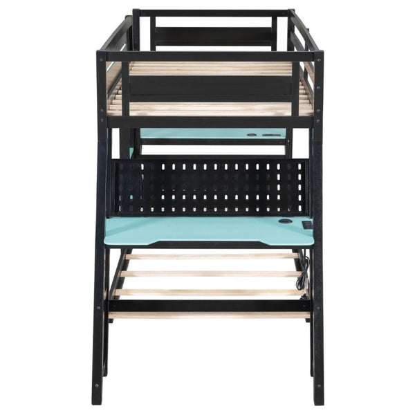 English Elm Twin Gaming Bunk Bed with Dual Desks USB Charging Ports and Pegboard Storage Blue LT000273AAC
