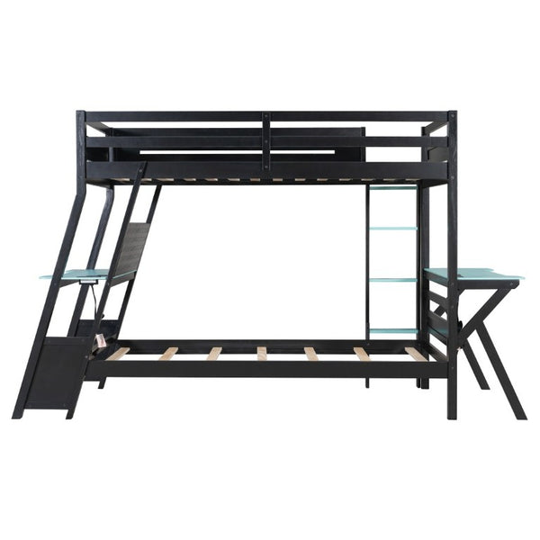 English Elm Twin Gaming Bunk Bed with Dual Desks USB Charging Ports and Pegboard Storage Blue LT000273AAC