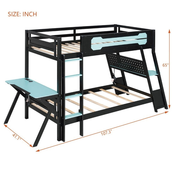 English Elm Twin Gaming Bunk Bed with Dual Desks USB Charging Ports and Pegboard Storage Blue LT000273AAC
