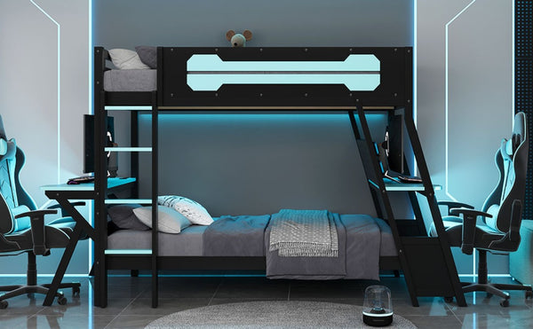 English Elm Twin Gaming Bunk Bed with Dual Desks USB Charging Ports and Pegboard Storage Blue LT000273AAC