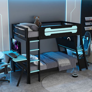 English Elm Twin Gaming Bunk Bed with Dual Desks USB Charging Ports and Pegboard Storage Blue LT000273AAC
