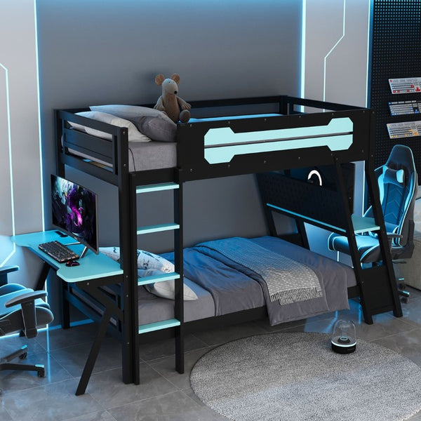 English Elm Twin Gaming Bunk Bed with Dual Desks USB Charging Ports and Pegboard Storage Blue LT000273AAC