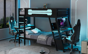 English Elm Twin Gaming Bunk Bed with Dual Desks USB Charging Ports and Pegboard Storage Blue LT000273AAC