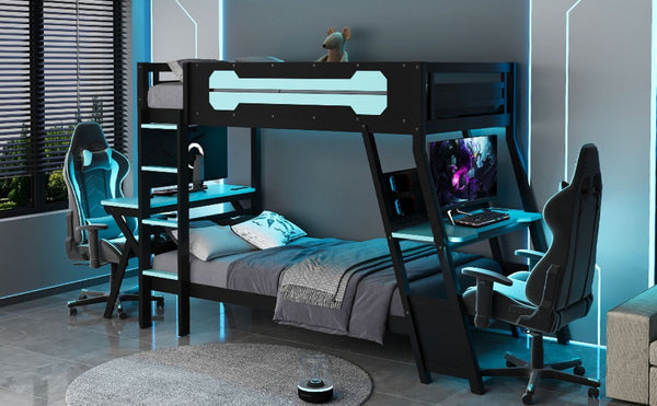 English Elm Twin Gaming Bunk Bed with Dual Desks USB Charging Ports and Pegboard Storage Blue LT000273AAC
