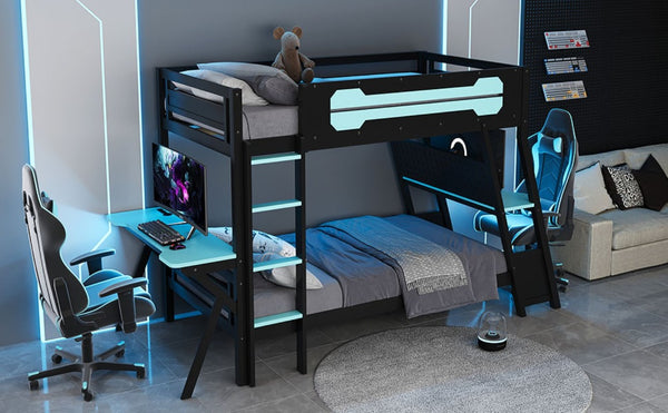 English Elm Twin Gaming Bunk Bed with Dual Desks USB Charging Ports and Pegboard Storage Blue LT000273AAC
