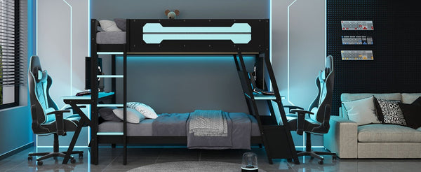 English Elm Twin Gaming Bunk Bed with Dual Desks USB Charging Ports and Pegboard Storage Blue LT000273AAC