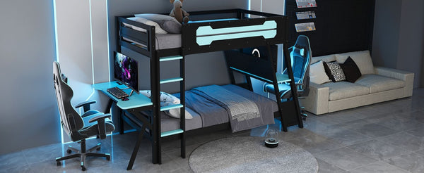 English Elm Twin Gaming Bunk Bed with Dual Desks USB Charging Ports and Pegboard Storage Blue LT000273AAC