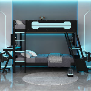 English Elm Twin Gaming Bunk Bed with Dual Desks USB Charging Ports and Pegboard Storage Blue LT000273AAC