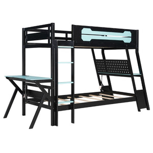 English Elm Twin Gaming Bunk Bed with Dual Desks USB Charging Ports and Pegboard Storage Blue LT000273AAC