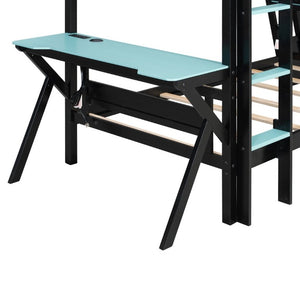 English Elm Twin Gaming Bunk Bed with Dual Desks USB Charging Ports and Pegboard Storage Blue LT000273AAC