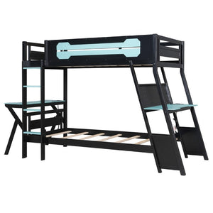 English Elm Twin Gaming Bunk Bed with Dual Desks USB Charging Ports and Pegboard Storage Blue LT000273AAC