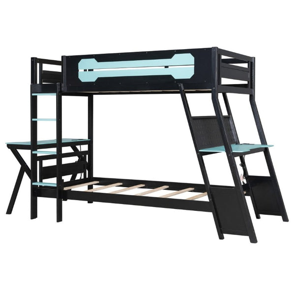 English Elm Twin Gaming Bunk Bed with Dual Desks USB Charging Ports and Pegboard Storage Blue LT000273AAC