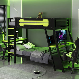 English Elm Twin Gaming Bunk Bed with Dual Desks USB Charging Ports and Pegboard Storage Green LT000273AAG