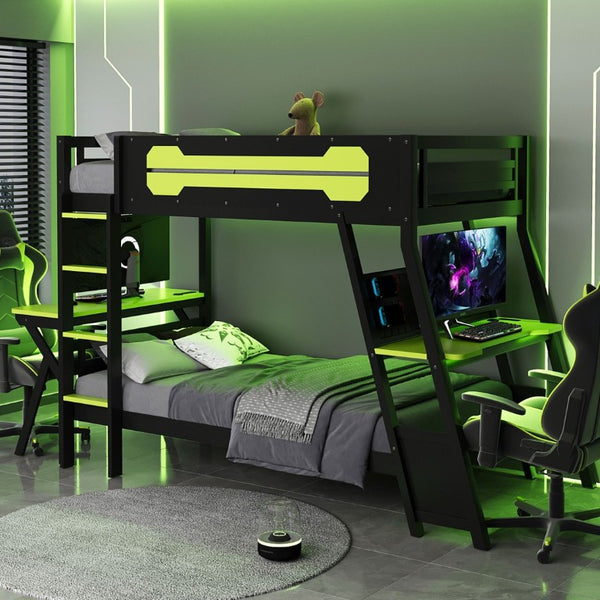 English Elm Twin Gaming Bunk Bed with Dual Desks USB Charging Ports and Pegboard Storage Green LT000273AAG