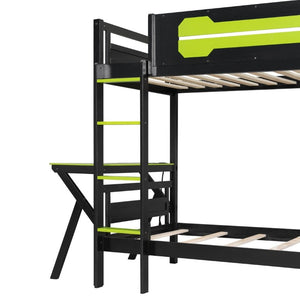 English Elm Twin Gaming Bunk Bed with Dual Desks USB Charging Ports and Pegboard Storage Green LT000273AAG