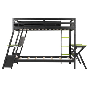 English Elm Twin Gaming Bunk Bed with Dual Desks USB Charging Ports and Pegboard Storage Green LT000273AAG
